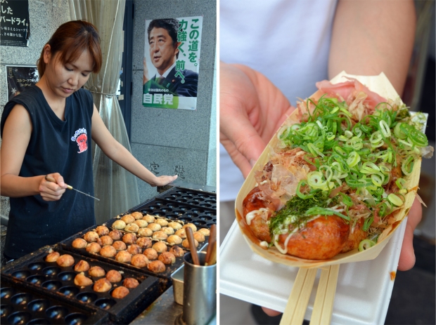 Making takoyaki (octopus-stuffed batter balls); the garnished final product