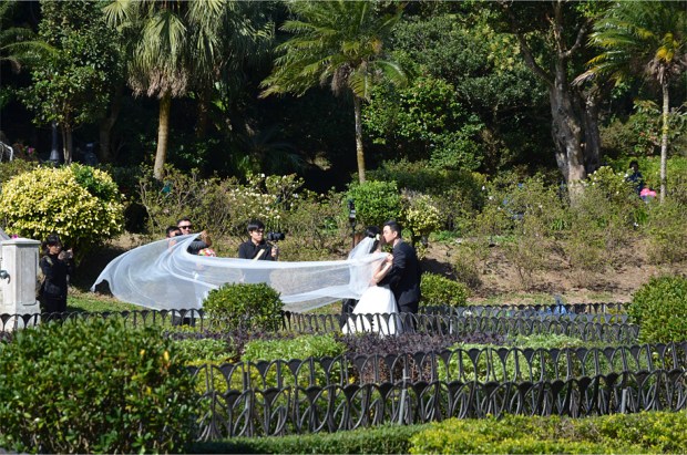 Soon-to-be newlyweds with a posse of photographers