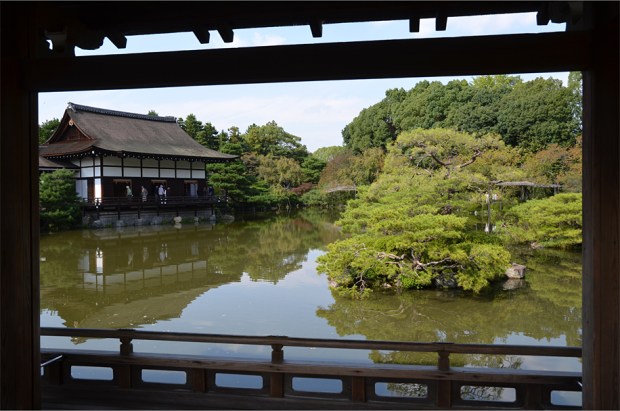 Framed views from a covered bridge in Heian Shrine's east garden