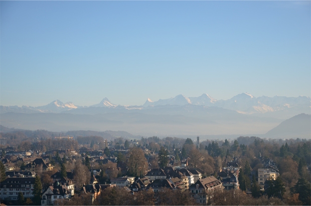 A view of the Bernese Alps, with Eiger, Mönch and Jungfrau clearly seen on the right