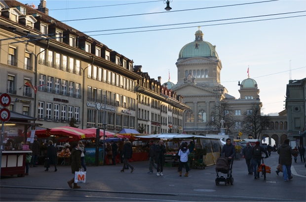 A farmers' market on the Bärenplatz, outside the Swiss Parliament Building