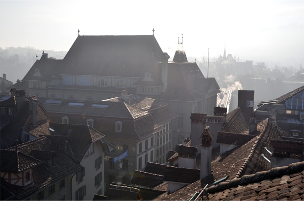 Rooftops in the morning mist