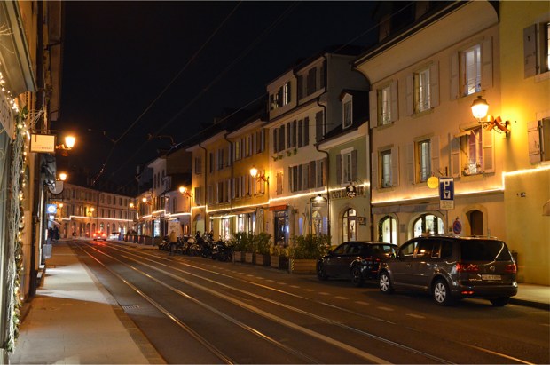 Tram tracks running down the main street in Carouge