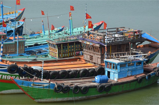Colorful boats tied up on the Han River