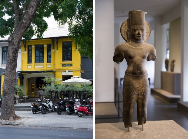 A café in a French-era building; this statue of the sun god Surya dates from the 6th–7th centuries