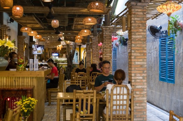 The restaurant takes up a relatively narrow space between two buildings