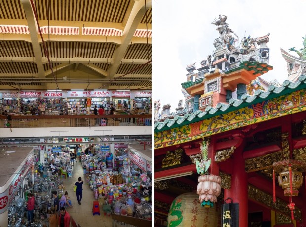 The interior of Bình Tây Market; architectural details on Quan Âm Pagoda