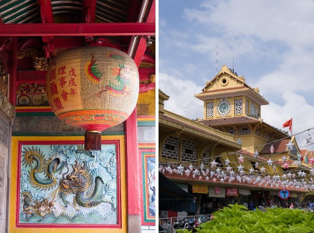 A lantern and dragon mural at Hà Chương Assembly Hall; Bình Tây Market’s clock tower
