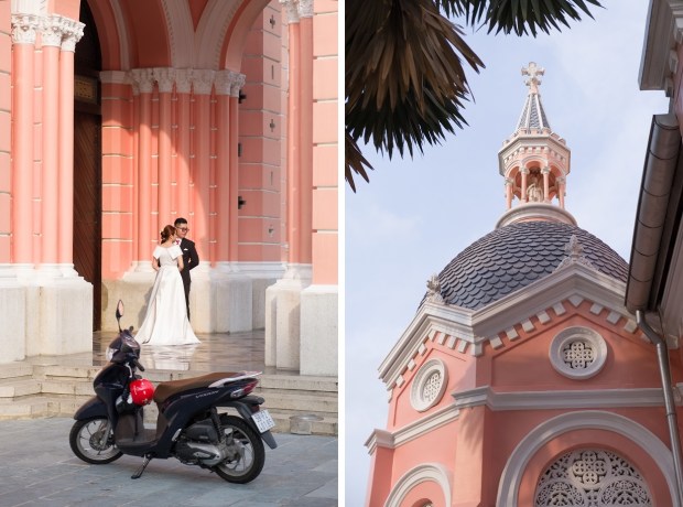 A soon-to-be-wed couple at Tân Định Church; the cupola of a side chapel