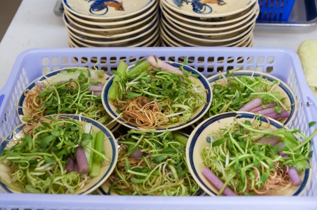 Plates of fresh herbs and vegetables at casual local eatery Mợ Út