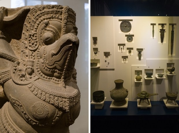 A Garuda sculpture from the fallen Cham temple of Tháp Mẫm; ancient bronzeware on display
