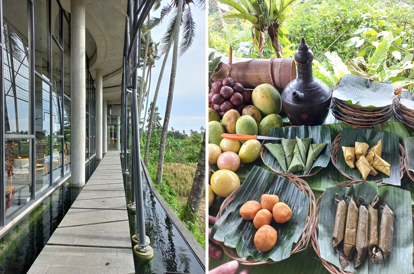 Tropical Brutalism at Locavore NXT; a spread of local snacks at Pak Agung’s food forest.