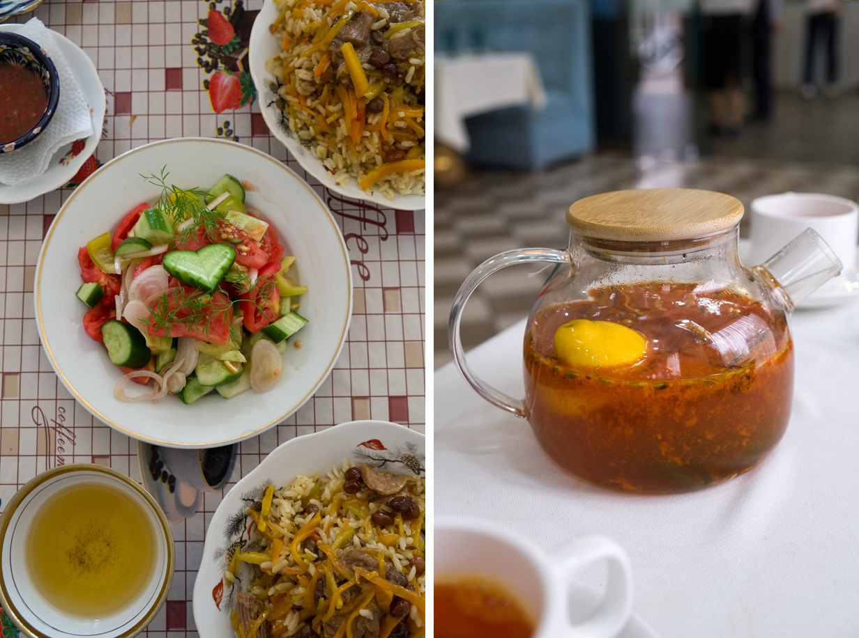 Achichuk at Samsushka in Bukhara; sea buckthorn tea at Tashkent's Qamish Xorazm Taomlari